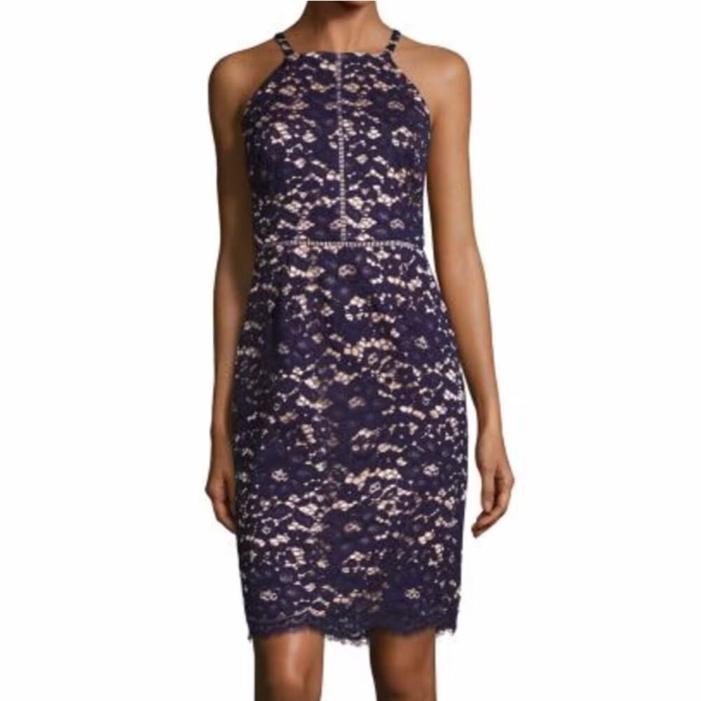NWT Vince Camuto Size 16 Illusion Sheath Bodycon Sleeveless Lace Dress Blue Gold
